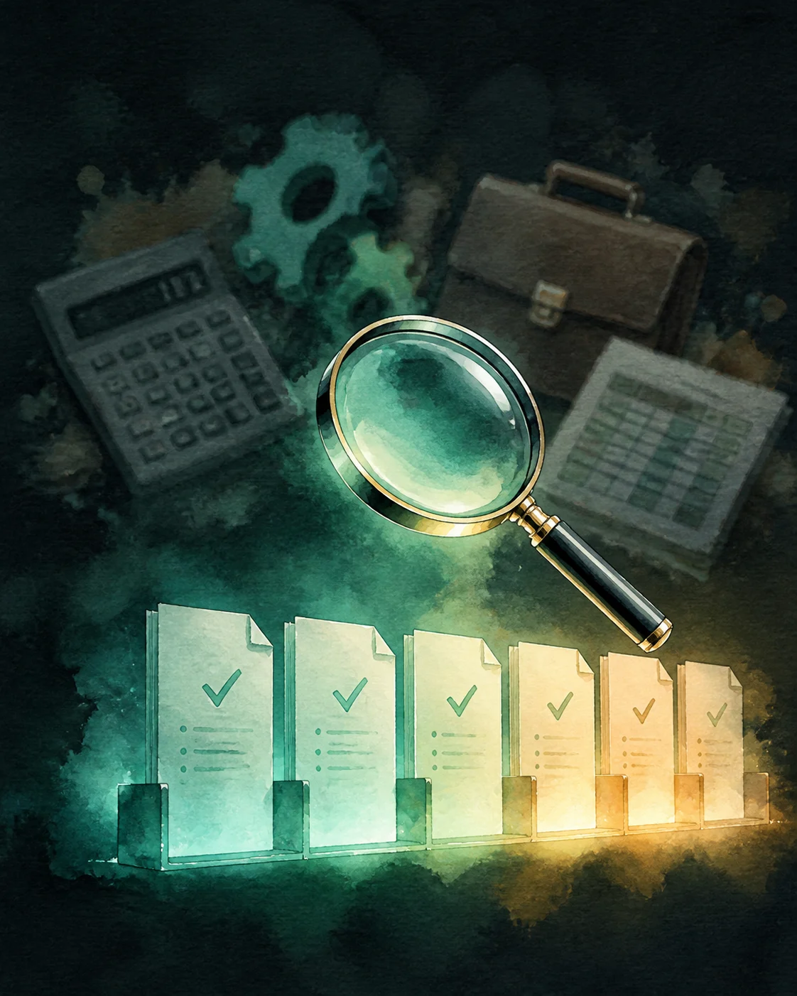 Watercolor illustration of a magnifying glass focusing on organized checked documents
