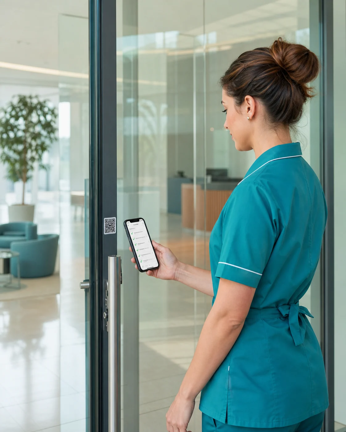 Professional cleaner scanning an office entrance QR code with a smartphone checklist