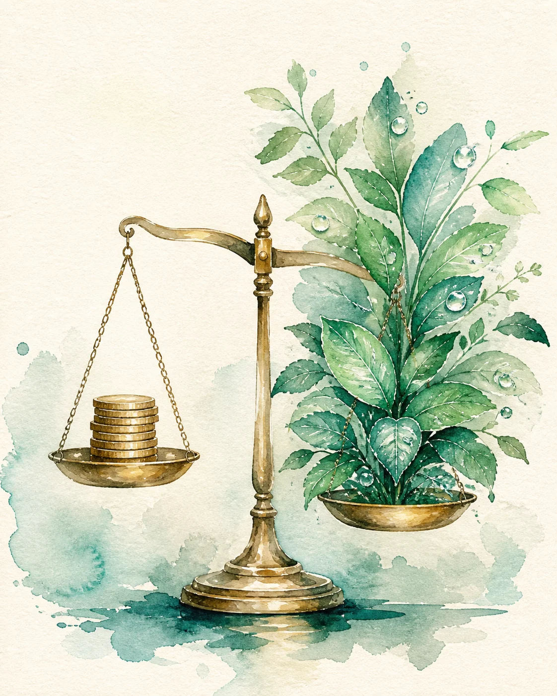Watercolor illustration of a brass scale balancing coins against a flourishing plant