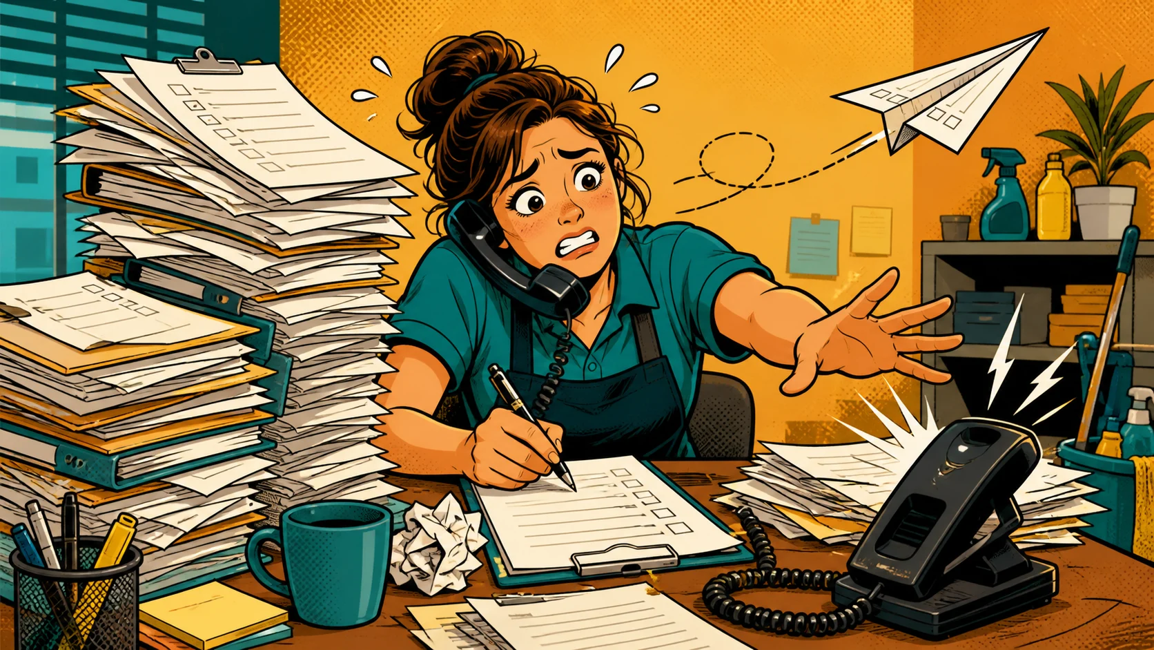 Comic illustration of a cleaning-company owner overwhelmed by paper checklists and phone calls
