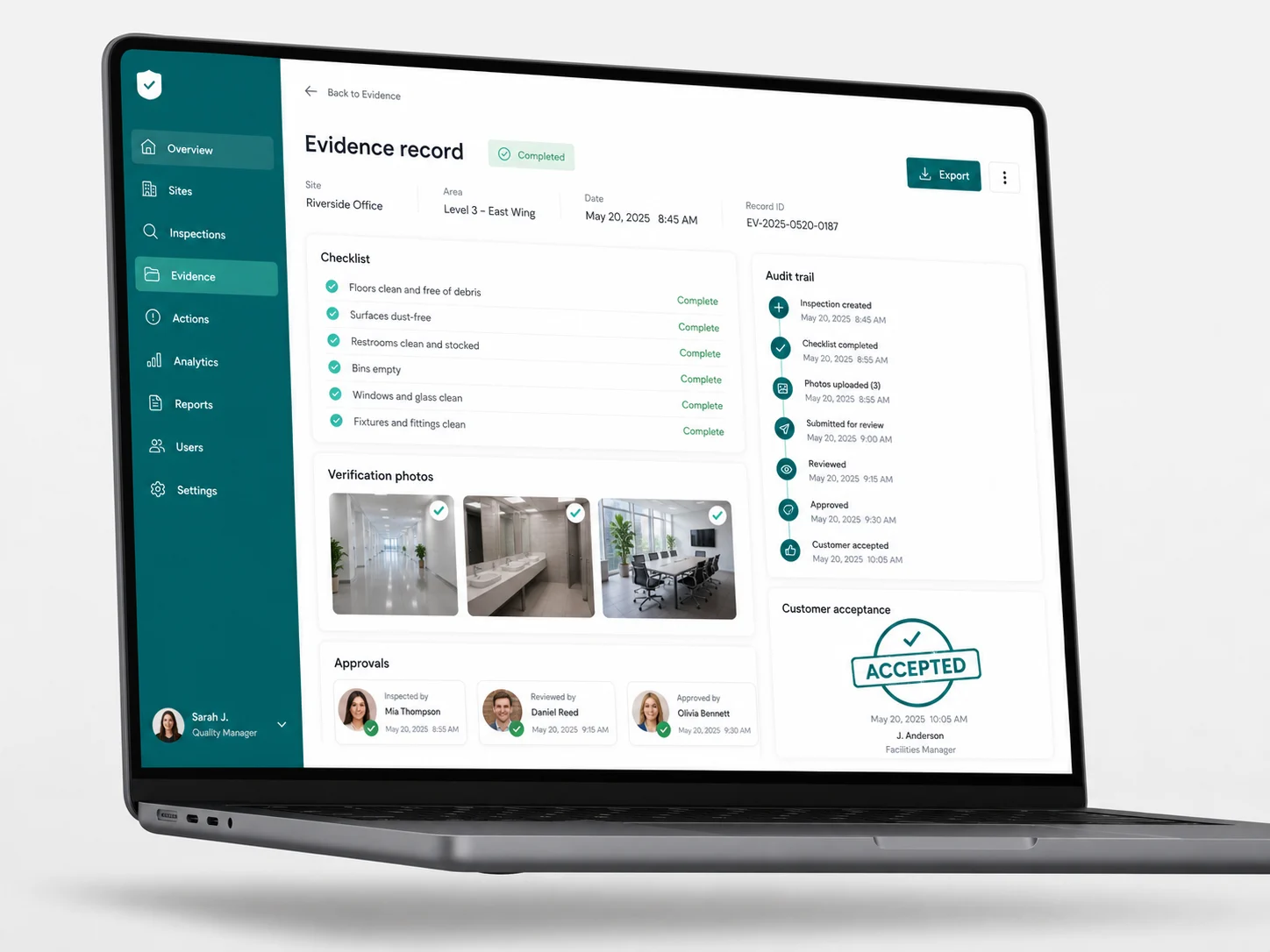 AGNO evidence record dashboard with checklist, verification photos, approvals and audit trail
